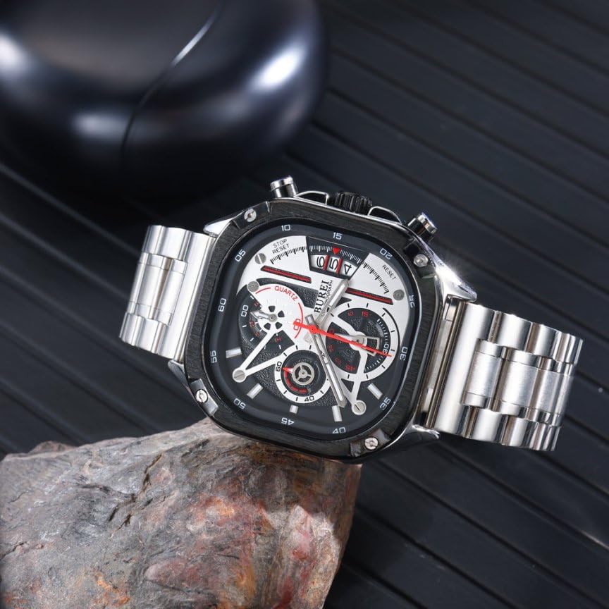BUREI Men's Rectangular Face Chronograph Quartz Watch, Analog, Waterproof, Date Display, Stainless Steel, Silver, Gift for Men