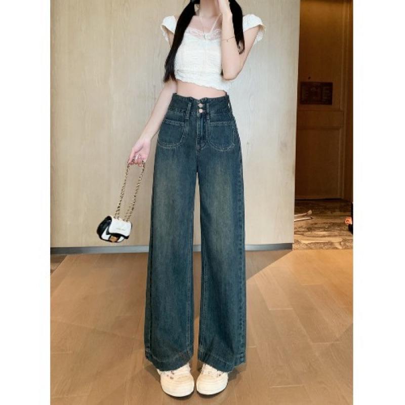 

Ретро Джинсы с высокой талией и широкими штанинами на двойной пуговице для женщин - Осенние Повседневные Брюки свободного кроя S синий