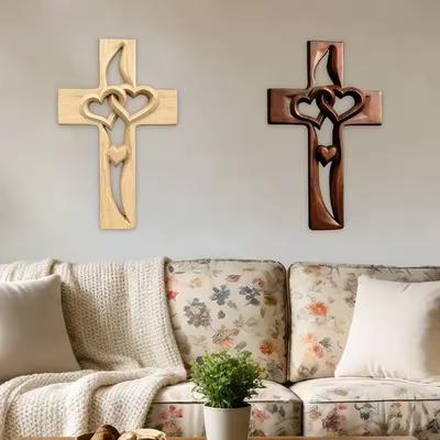 Hand-Carved Intertwined Heart Wooden Cross Handmade Wood Hanging Cross Wall Decor Marriage Cross for Wedding Valentines Day Gift