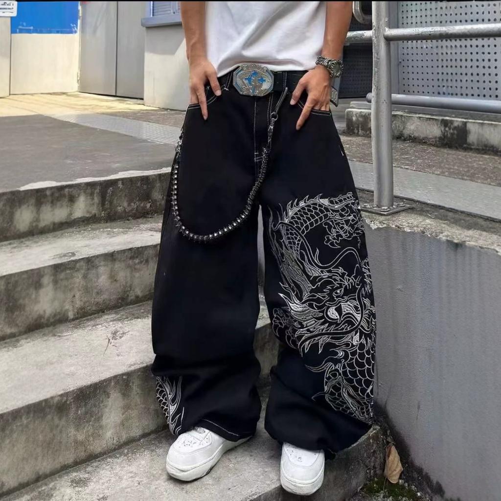 American high street dragon tiger printing straight jeans design trendy brand loose men's denim trousers