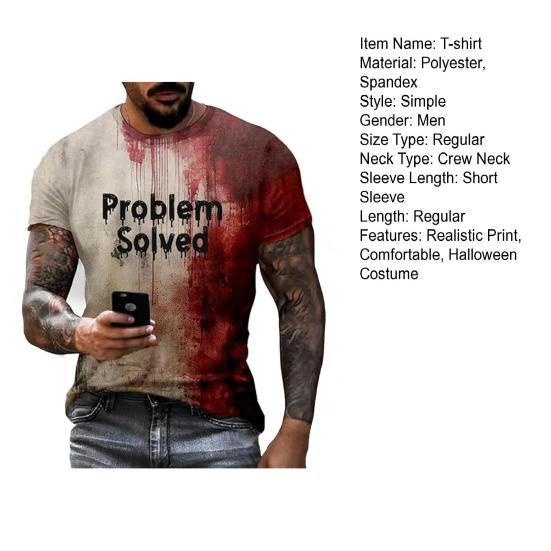 Men Halloween T-shirt Spooky Crew Neck Short Sleeve Tee Blood Stain Print T-shirt for Halloween Dress-up Horror Themed Party