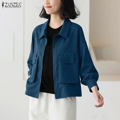 Blusa Casual de Manga Larga con Cuello Mao y Botones para Mujer