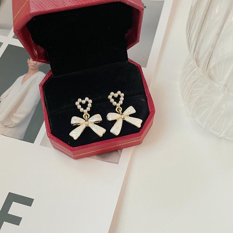 Cute Sweet Mini Beads Heart Enamel Oil Bow Drop Earrings for Women Wedding Party Romantic Elegant Fashion Jewelry Girls Gift