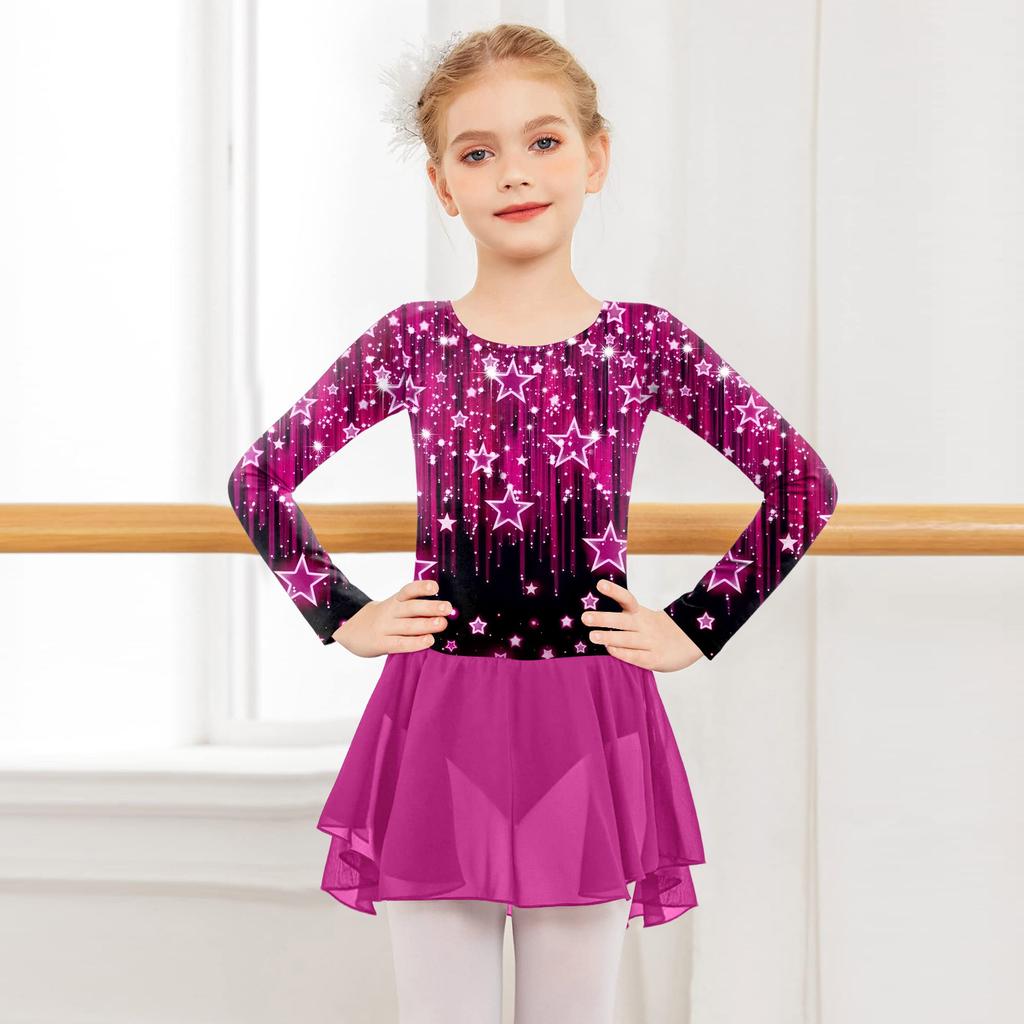 Girls' Color-blocked Romper Long-sleeved Tulle Dress Dance Costume