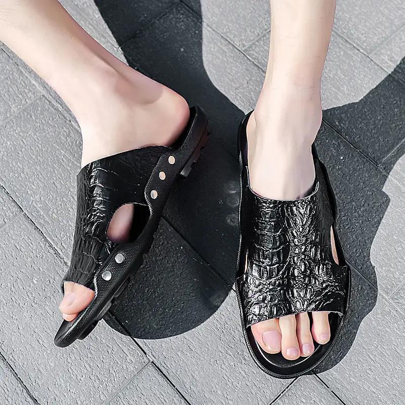 Fashion Lazy Men's Shoe House Beach Platform Slides Indoor Walk Around Home Genuine Leathe Pvc Fun Casual Elegant Y2k Adult Male Slipper