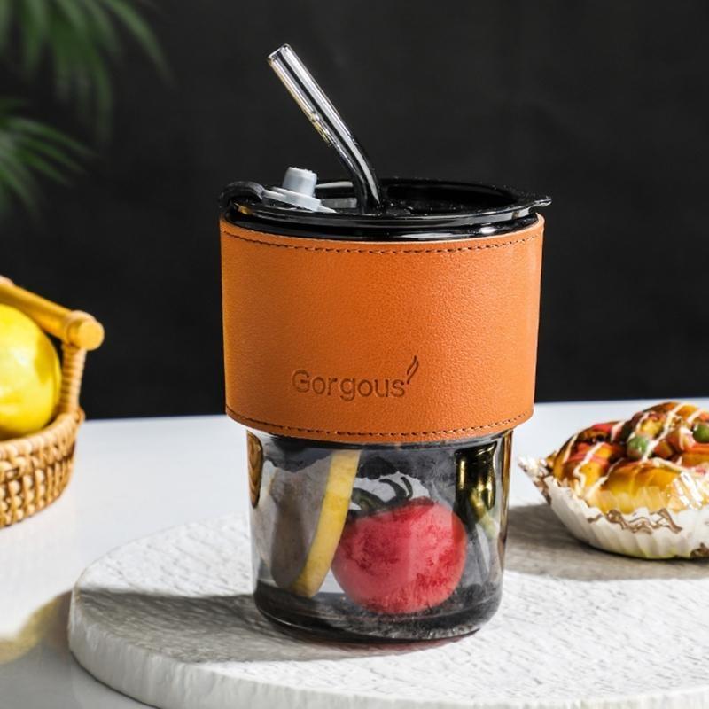 QX2E 400ML Bamboo-Joint Glass Cup With Lid and Straw Transparent-Bubble Tea Cup Juice Glass Beer Can Milk Cups Breakfast-Mug