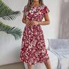 Damen Hohe Taille A-Linie Floral Plissiert Langes Kleid Kurzarm Frühling Sommer