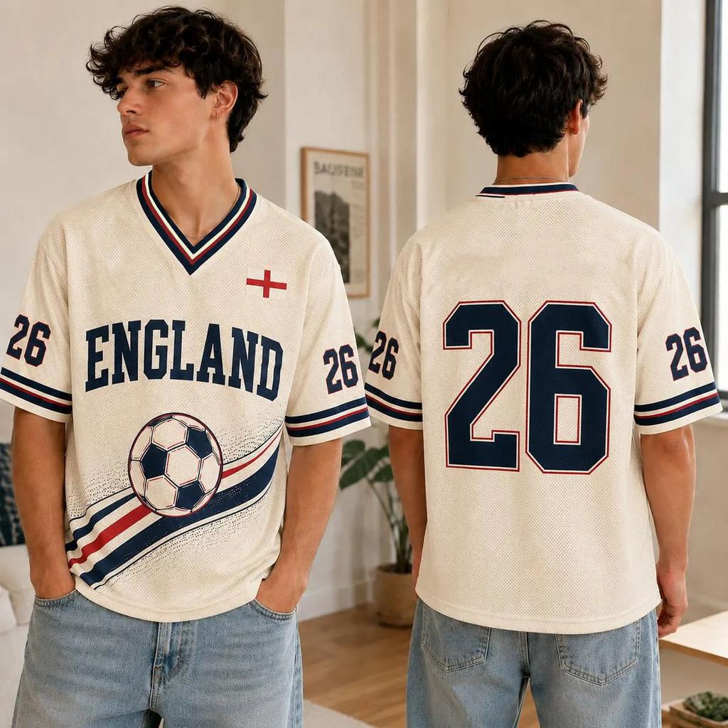 Y2K Retro England Fußballtrikot #26 Nummer Aufdruck T-Shirt Oversized Street Sport Tee England Fußball Top Für Fans Kinder Erwachsene