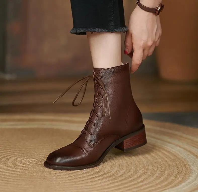 Fashion Autumn New Women's Boot Thick Heel Low Eye Fashion Boots Lacing Up Vintage Short Boots Cowhide Spring And Autumn Single Boots
