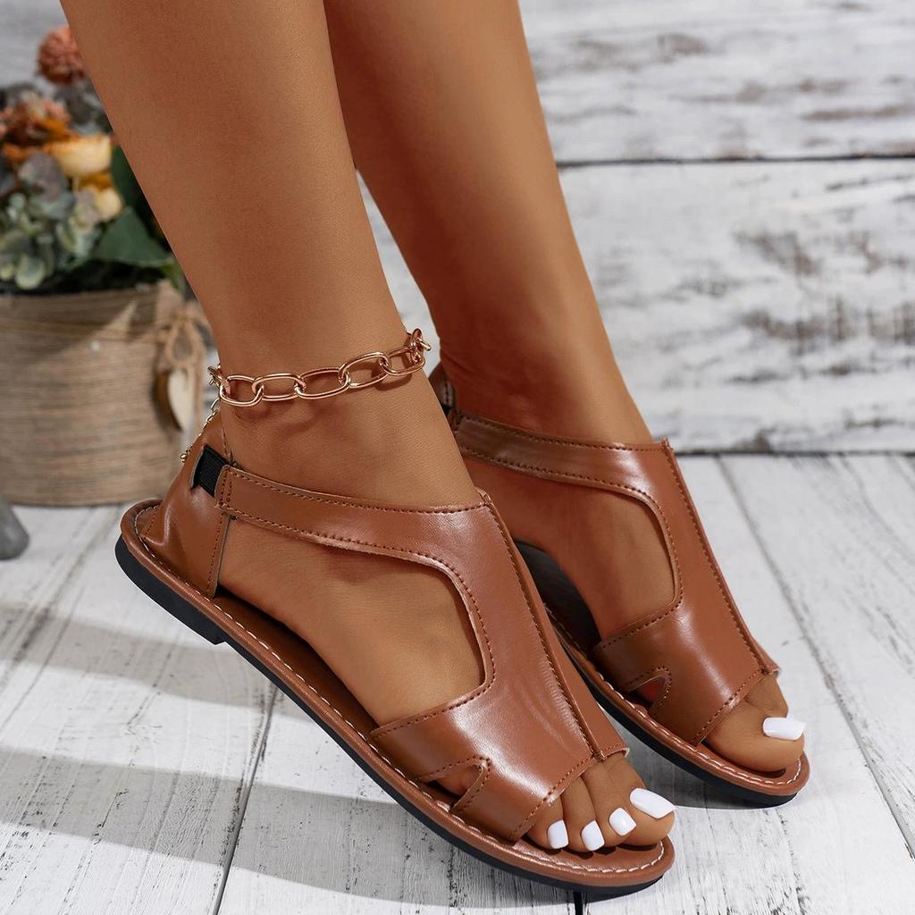 Women's Solid Color Elegant Sandals Lightweight Flat Elastic Strap Vacation Shoes Summer Hollow Daily Footwear