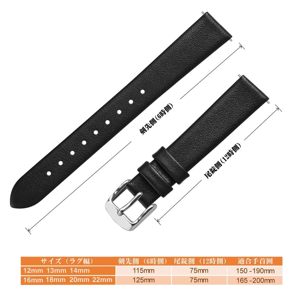 ANNEFIT Genuine Leather Watch Quick Black with Silver Buckle Band, 18mm, Thin, Release,
