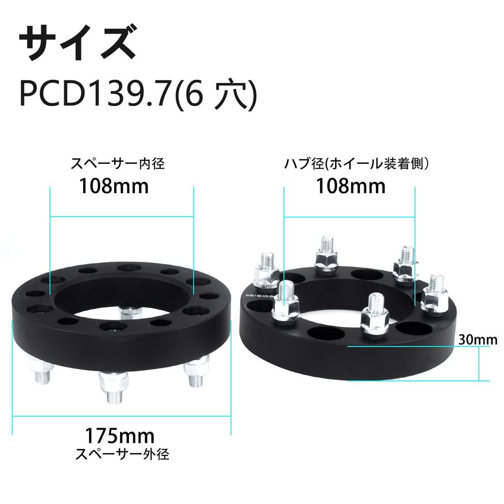 Gasupply Forged Wide Tread Inner Diameter 30mm Matte Black of Spacers, 6H, PCD139.7, 108.1, M12xP1.5, Thick, (Set 2)