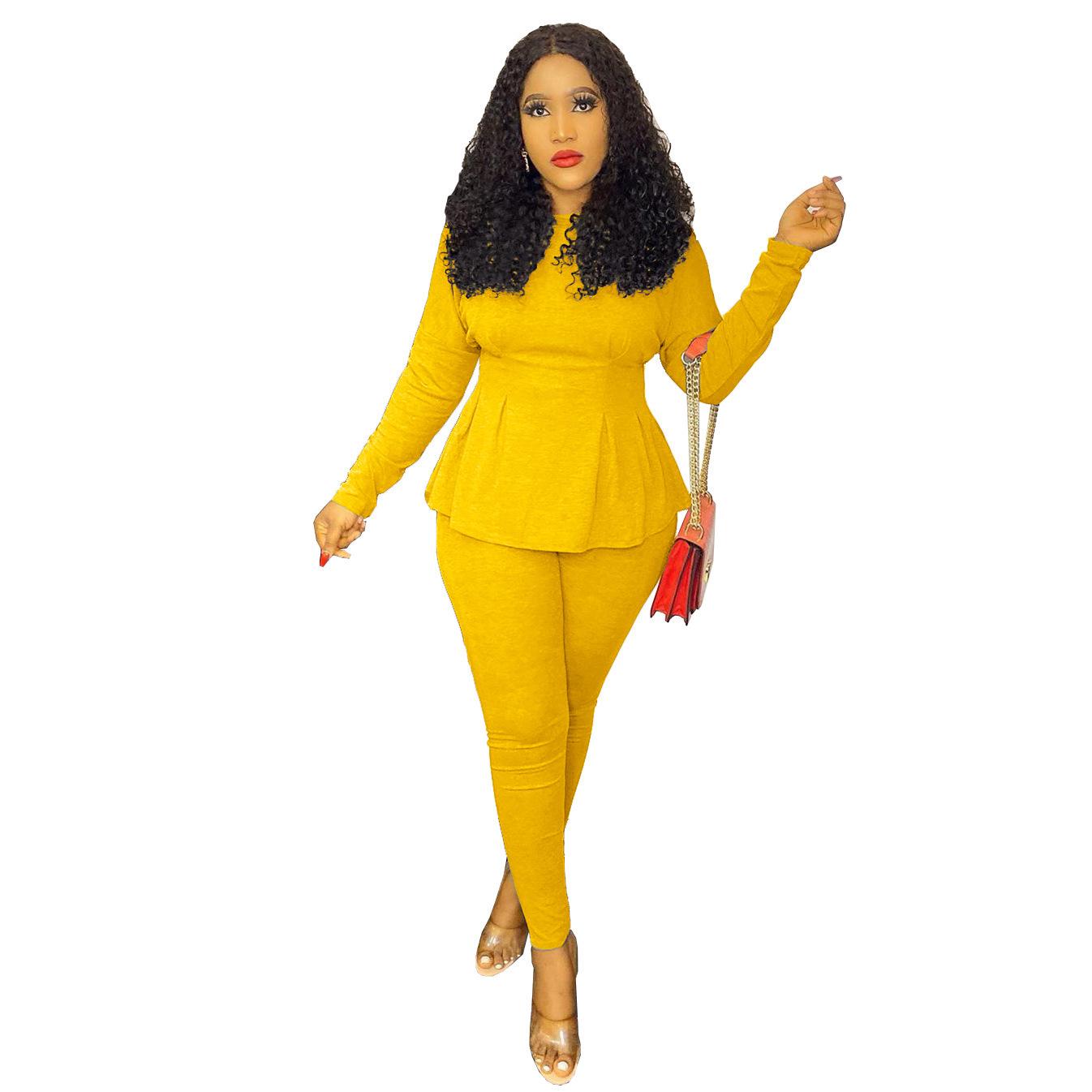

Европейский и американский стильный комплект из двух предметов с длинным рукавом и облегающим талию - Повседневный однотонный костюм с длинными брюками для женщин. L жёлтый