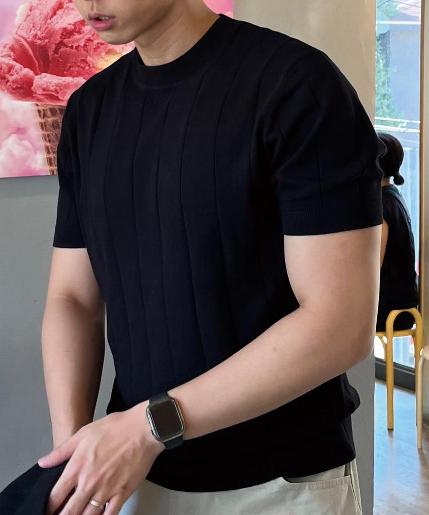 HERVINO Cable Round Neck Muscle Fit Short Sleeve Knit [Black]