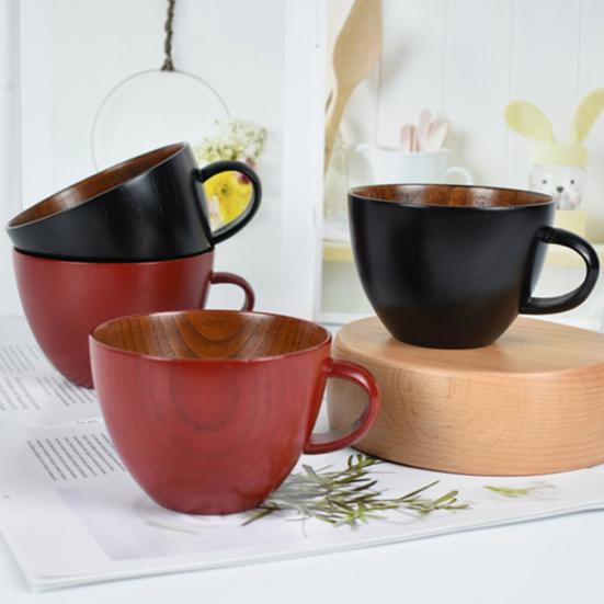350ml/500ml Wooden Cup Easy To Clean Japanese Style Bowl Type Juice Unbreakable Tumbler Mugs with Handle for Home