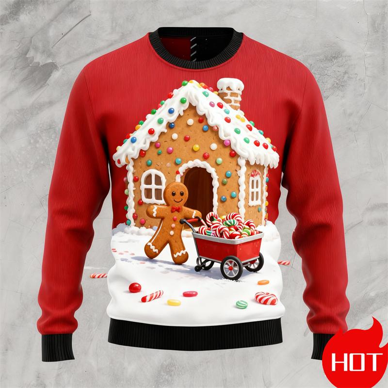 Autumn New Gingerbread Man Print Christmas Sweater Funny Women Ugly Christmas Sweater Gift Tops Couple Crewneck Sweatshirt Tops