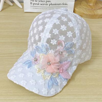 Elegant Lace-Trimmed Breathable Baseball Cap With Flower Embroidcery & Faux Pearls - Adjustable & Chic For Every Woman