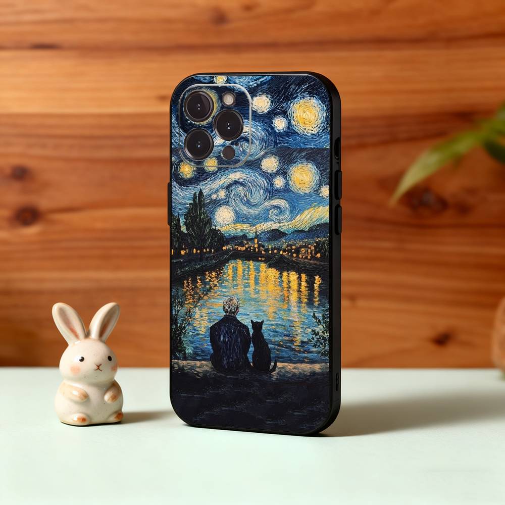 V-Van G-Gogh The Starry Night Phone Case For iPhone17,16,15,14,13,12Plus,Pro Max,XS,5G Soft Silicone Black Cover