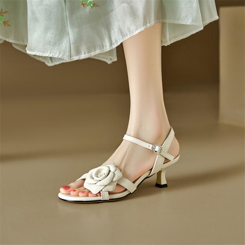 Fashion New Sheepskin Summer Sandals Round Toe High Heels Sandals Shoes for Women Zapatos Mujer Handmade Camellia Sandals Ladies Shoes