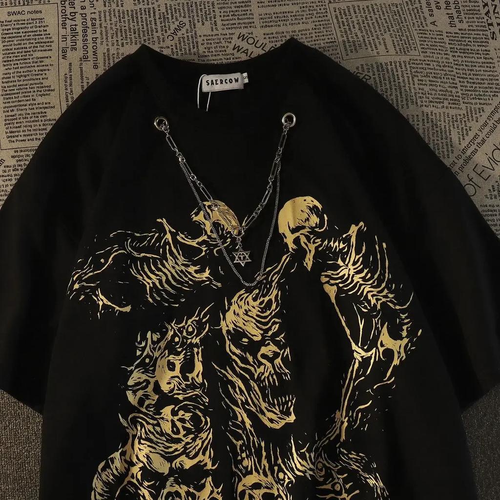 Pánské a dámské bavlněné tričko s krátkým rukávem ve stylu americké ulice, tmavý styl lebky, letní volný pár, kulatý výstřih