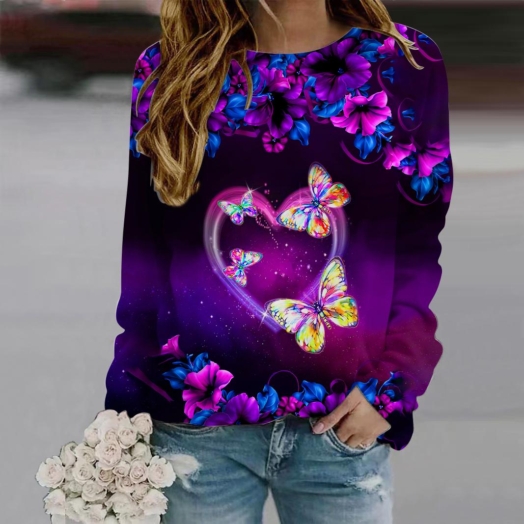 

Осенняя женская модная футболка с круглым вырезом и длинным рукавом, свободная одежда, оранжевая красивая футболка с принтом бабочек для девочек, уличная XS фиолетовый