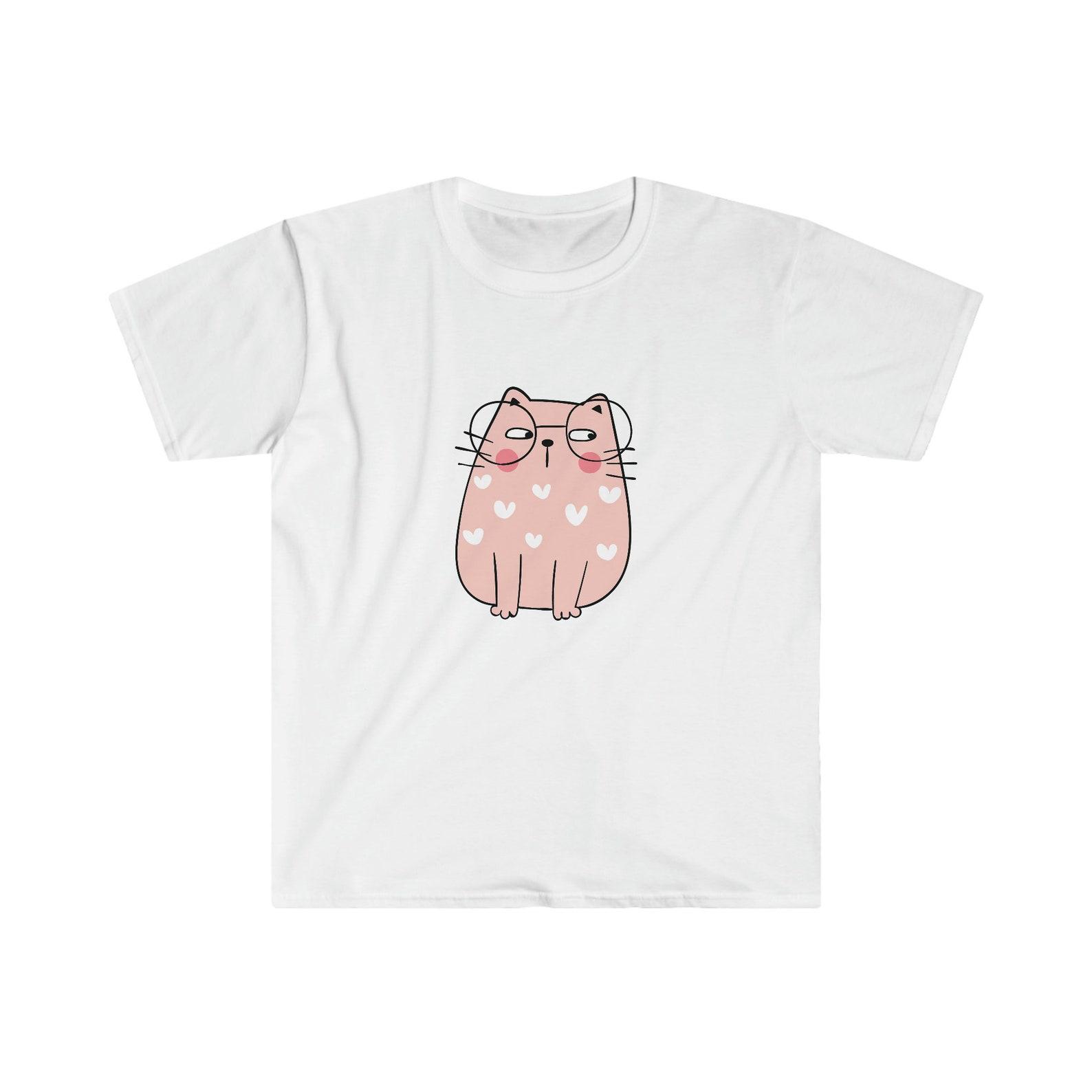 Cute Pink Kitty Anime Cartoon Cat Glasses Unisex Softstyle T shirt 2XL