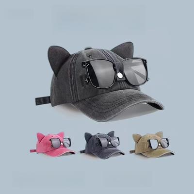 2026 Neue Katzenohren-Sonnenbrille Baseballkappe Y2K ausgewaschene Fliegerkappe für Männer, Frauen Outdoor Sonnenschutzhut
