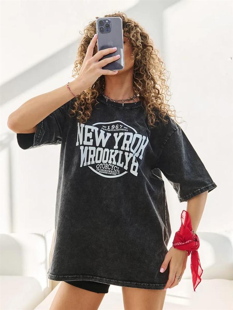 Trendy Vintage Black Washed Graphic Street Style Top