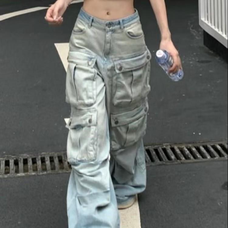 

Джинсы женские ретро американские 3D с несколькими карманами, широкие от бедра, в форме груши XXL светло-синий