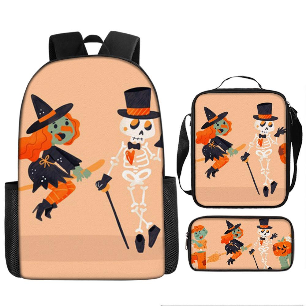 Halloween Backpack Pumpkin Ghost 3-Piece Set Schoolbag Kids Shoulder Bag Cute Bookbag for Boys Girls