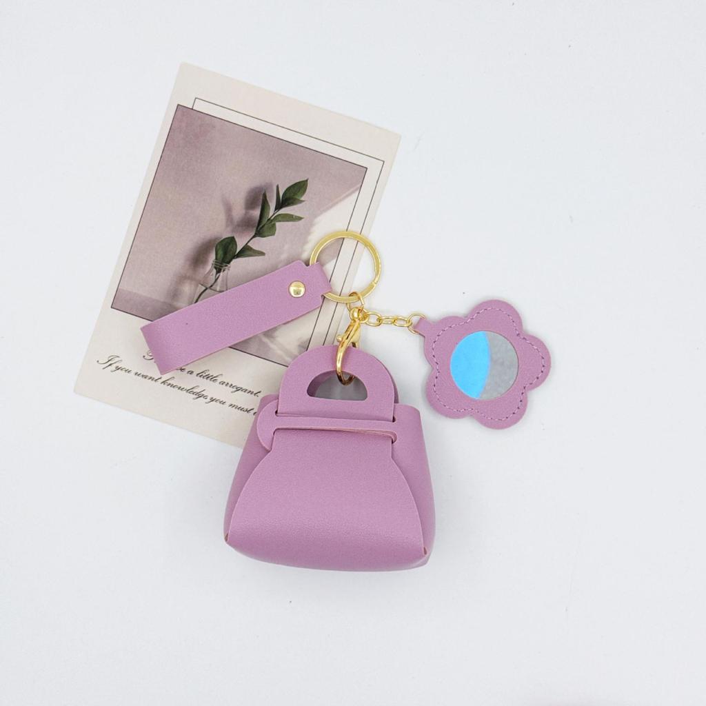 Korean Leather Handbag Keychain with Mini Mirror and Pouch Charm