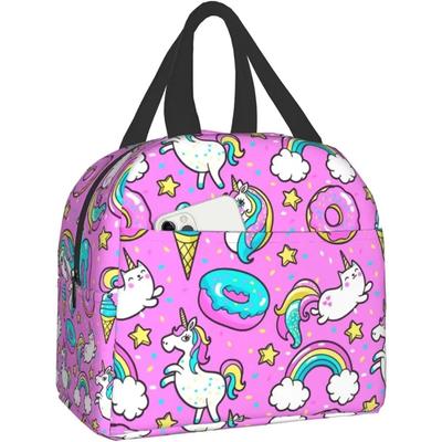 Bolsa de Almoço Isolada para Mulheres Adolescentes Rosa Médio Trabalho Escola Desenho Animado Unicórnio Donuts Arco-Íris Cooler Recipientes Lancheira Portátil