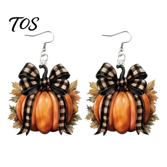 Cute Autumn Earrings 1 Pair Pumpkin for Women, Acrylic Dangle Drop Retro Plaid Bow with Bow, Halloween Fall Jewelry Holiday Party Gift Women