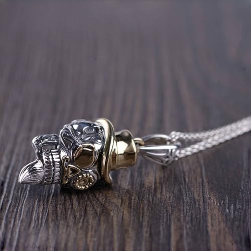 ForFox 925 Sterling Silver Skull Pendant Golden Hat Glasses Gothic Jewelry for Men Women