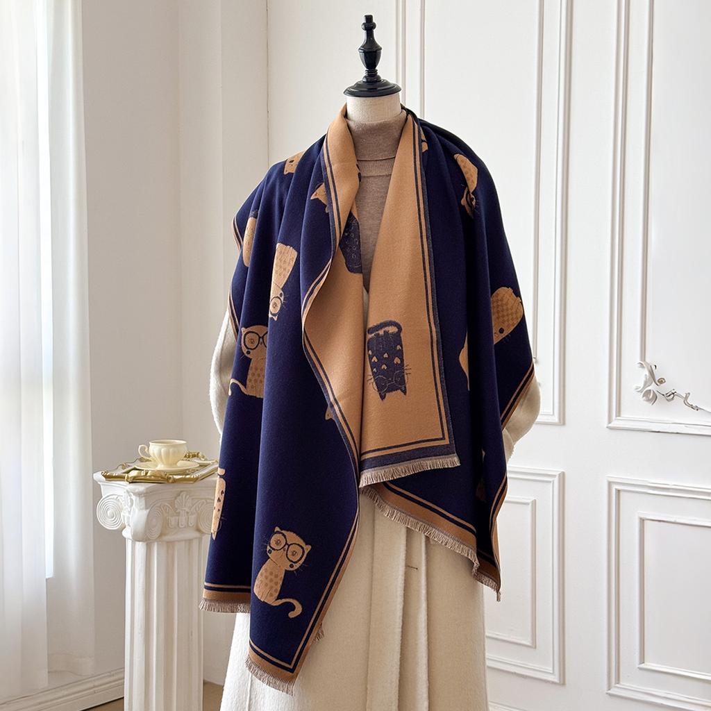 Cartoon Cat Printed Cashmere Scarves For Women Winter Thick Warm Blanket Scarf Shawl Wraps Ladies Fashion Pashmina Cape