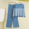 2 Pcs/Set Women Top Pants Set Striped Print Round Neck Long Sleeves Sweatshirt