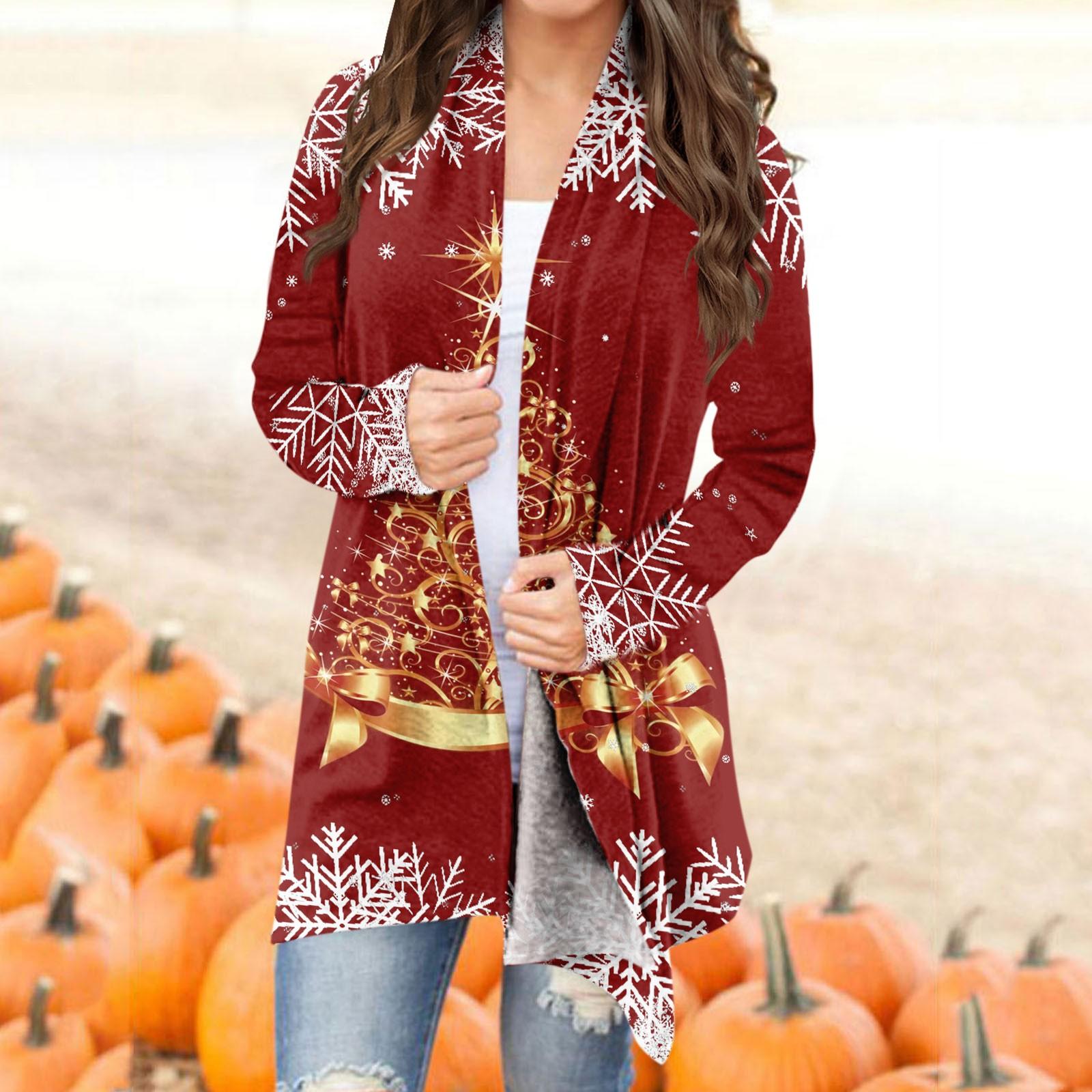 

Женская модная рождественская куртка с принтом, повседневный кардиган с длинным рукавом, пальто M красный