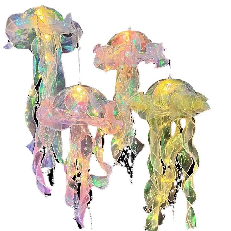 Colorful Luminous Jellyfish Lantern with Flashing Lights and Streamers for Night Markets