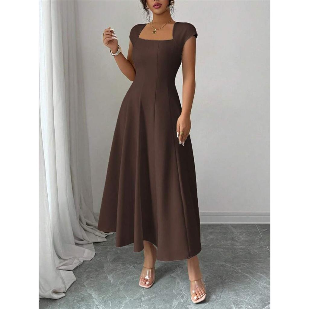 Vestido Elegante Largo de Manga Corta con Escote Cuadrado para Mujer