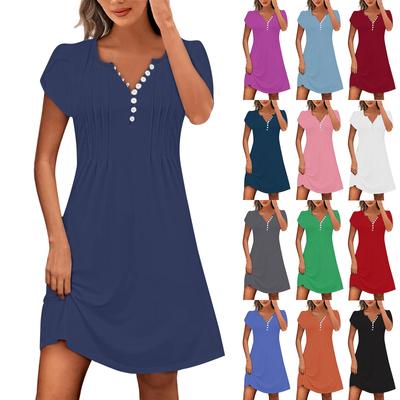 Women's Summer Button V-Neck Petal Sleeve Casual Bohemian Beach Dresses