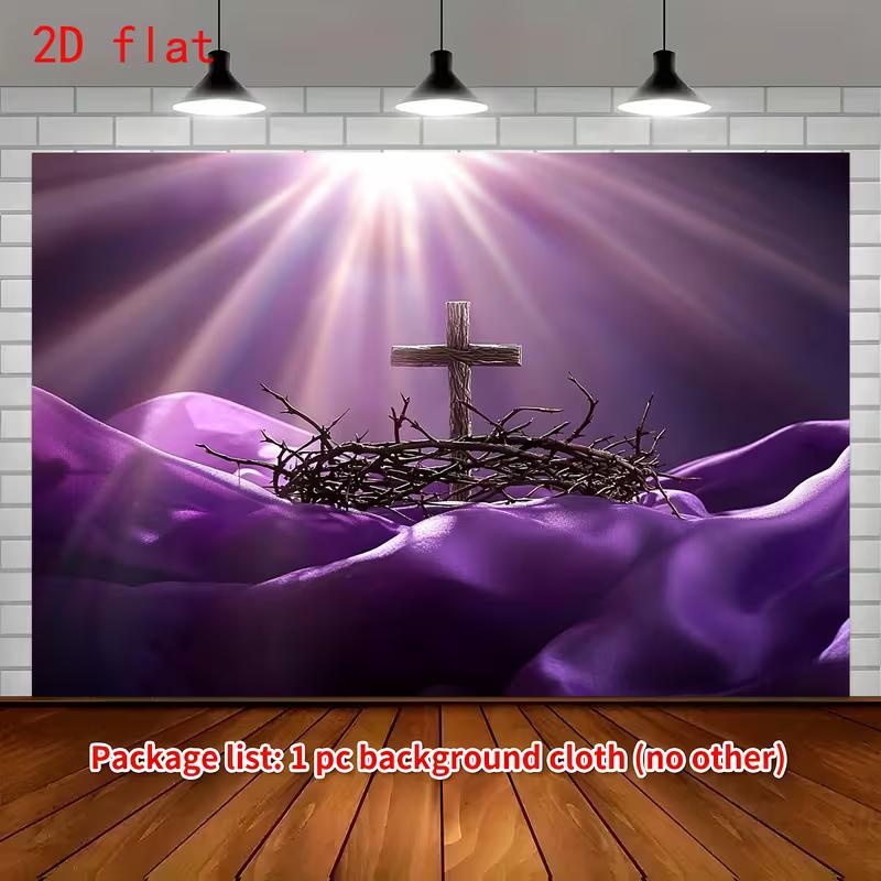 

2D Holy Week Cross Crown of Thorns Tapestry Purple Satin Sunlight Wall Hanging 47.2x31.5inch/120*80cm