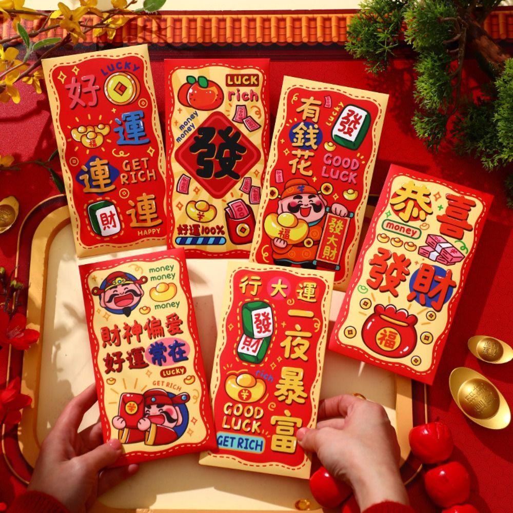 6Pcs Cartoon Chinese Snake Year Red Envelope Blessings Printing Best Wishes New Year Money Envelope Thickened Paper Hong Bao