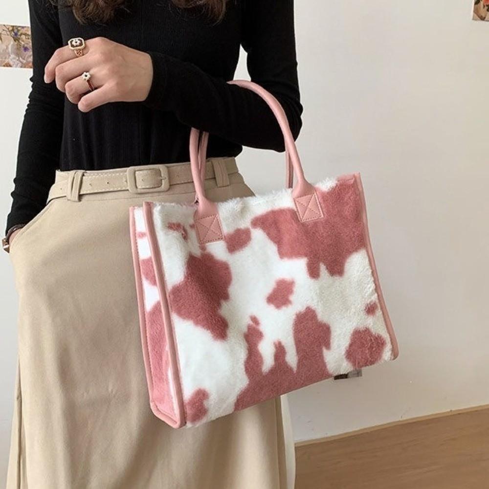 Versatile Soft Shopper Tote Cow Print Large Capacity Handbag New Plush Tote Bag Travel