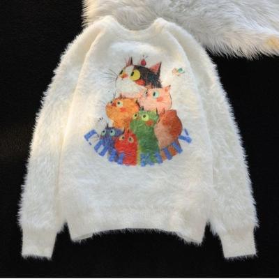 Niedlicher Cartoon Strickpullover Damen Übergroßer Lockerer Pullover Gemütliches Winteroberteil Faule Mode