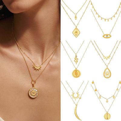 Stainless Steel Sun And Moon Double Layer Stacked Wearing Double Layer Devil'S Eye Snake Necklace Electroplating 18K Real Gold Color Retention