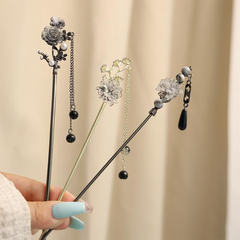 Elegant Ink Flower Hairpin For Women Vintage Rose Pearl Tassel Hair Stick Exquisite Metal Jewelry Hair Accessories Hair Pins