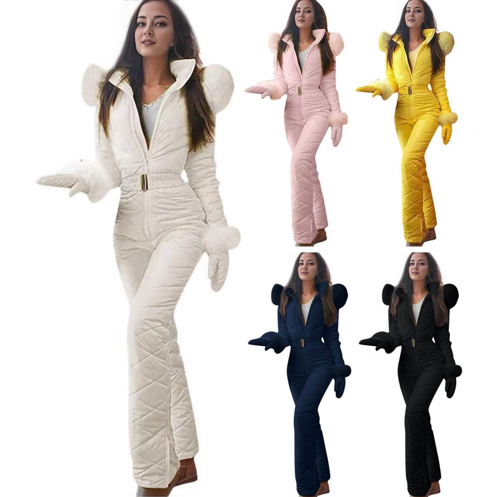 Ski Jacket Ski Jumpsuit Winter Women's Snowsuit with Gloves Hood Windproof Ski Outfit with Elastic Waist Zipper for Outdoor