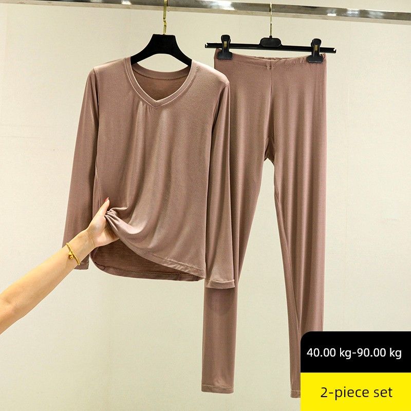 Modal Autumn Suit Women's Spring & Fall Thin Plus Size Pure Color Long Sleeves T-Shirt Inner Wear Tight Thermal Top Thermal Pants