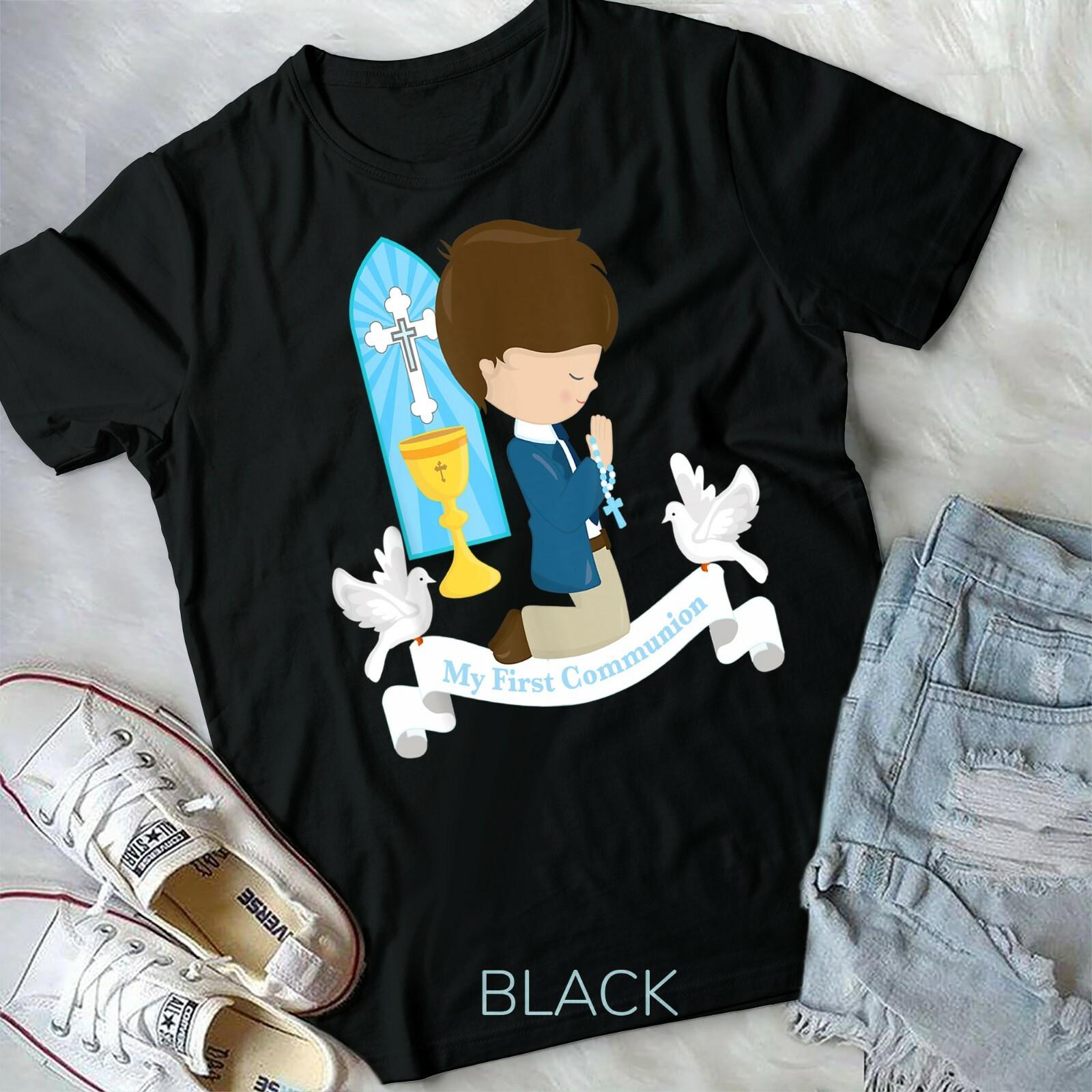 First Communion Shirt Gift Kids Brown Hair Boy Rosary Son Unisex Youth T-shirt XXXXL
