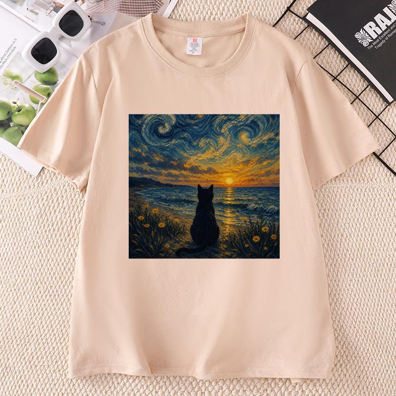 Summer Black Cat Graphic T Shirts Retro Ocean Sunset Cat Tee Van Gogh Cat Lovers Tshirt Unisex Unisex Causal Crewneck Tshirts